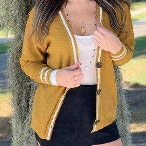 Double Zero Mustard Yellow Button Front Cardigan with White Trim
